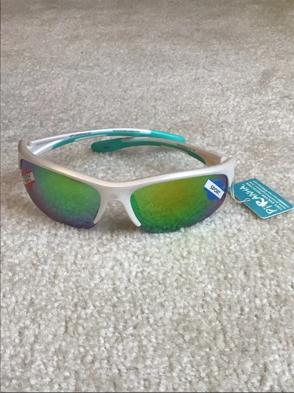 Piranha Sunglasses, White/Teal with Rainbow Mirrored Lenses, 100% UVA/UVB Protct